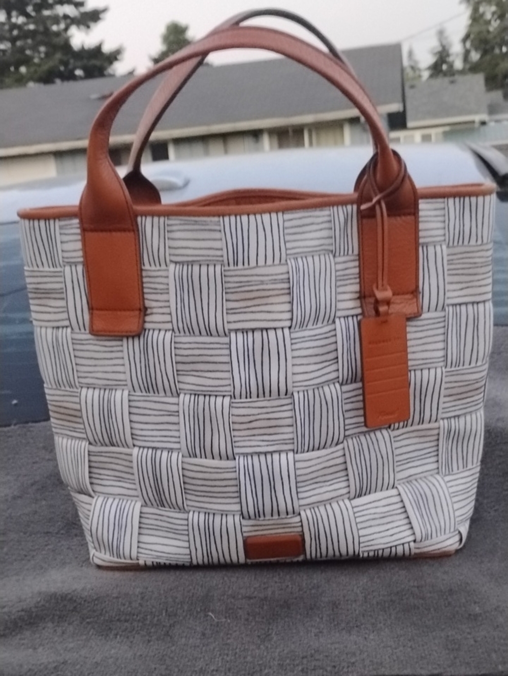 Fossil White & Brown Woven Tote with Leather Trim
